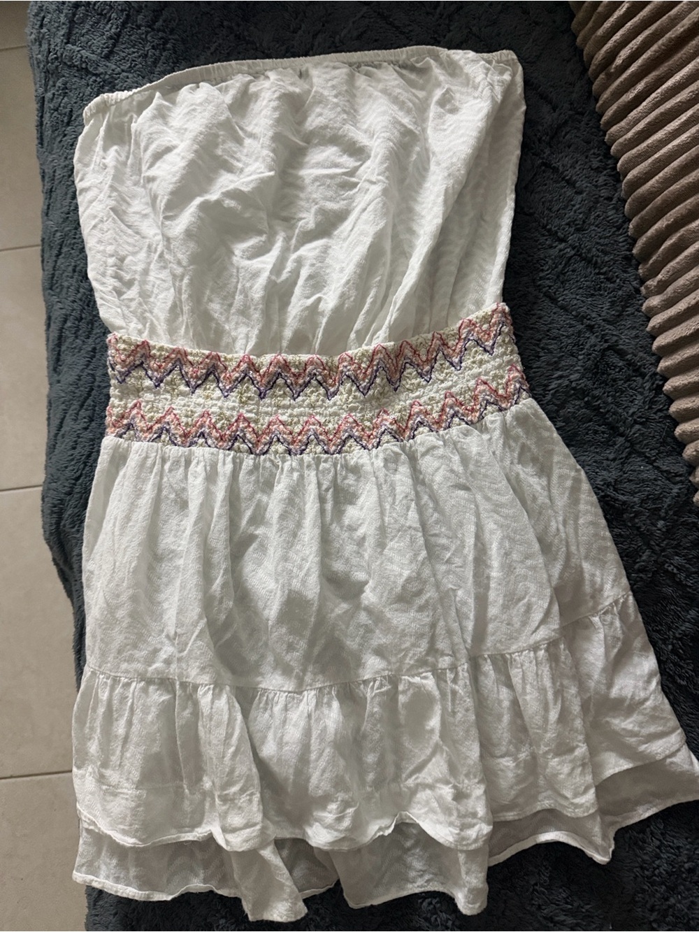 Ramy Brook White mini summer dress with Multicolor Chevron Smocked Waist